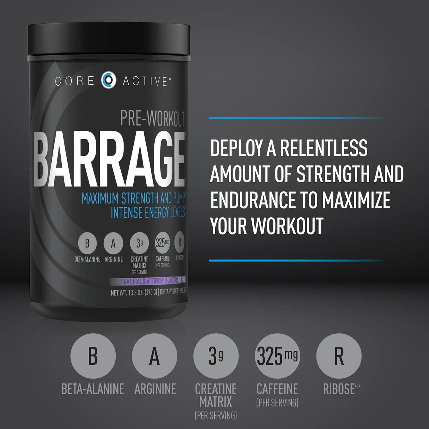 Barrage Pre Workout Powder - Ideal Preworkout for Women & Men, Creatine, Beta Alanine, Agmatine Sulfate, & Caffeine - Muscle Builder with Intense Energy - Grape Flavor (30 Servings)