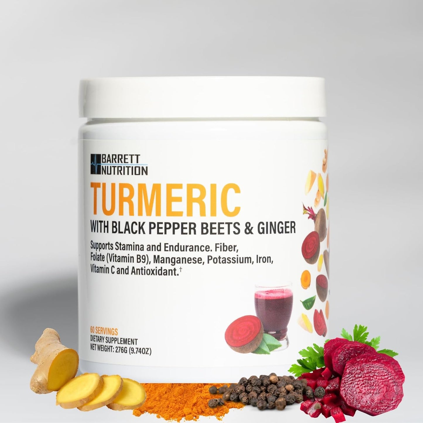 BARRETT NUTRITION Turmeric Supplement with Black Pepper, Beets, and Ginger - Supports Energy, Endurance, and Joint Health - Rich in Folate, Potassium, and Iron
