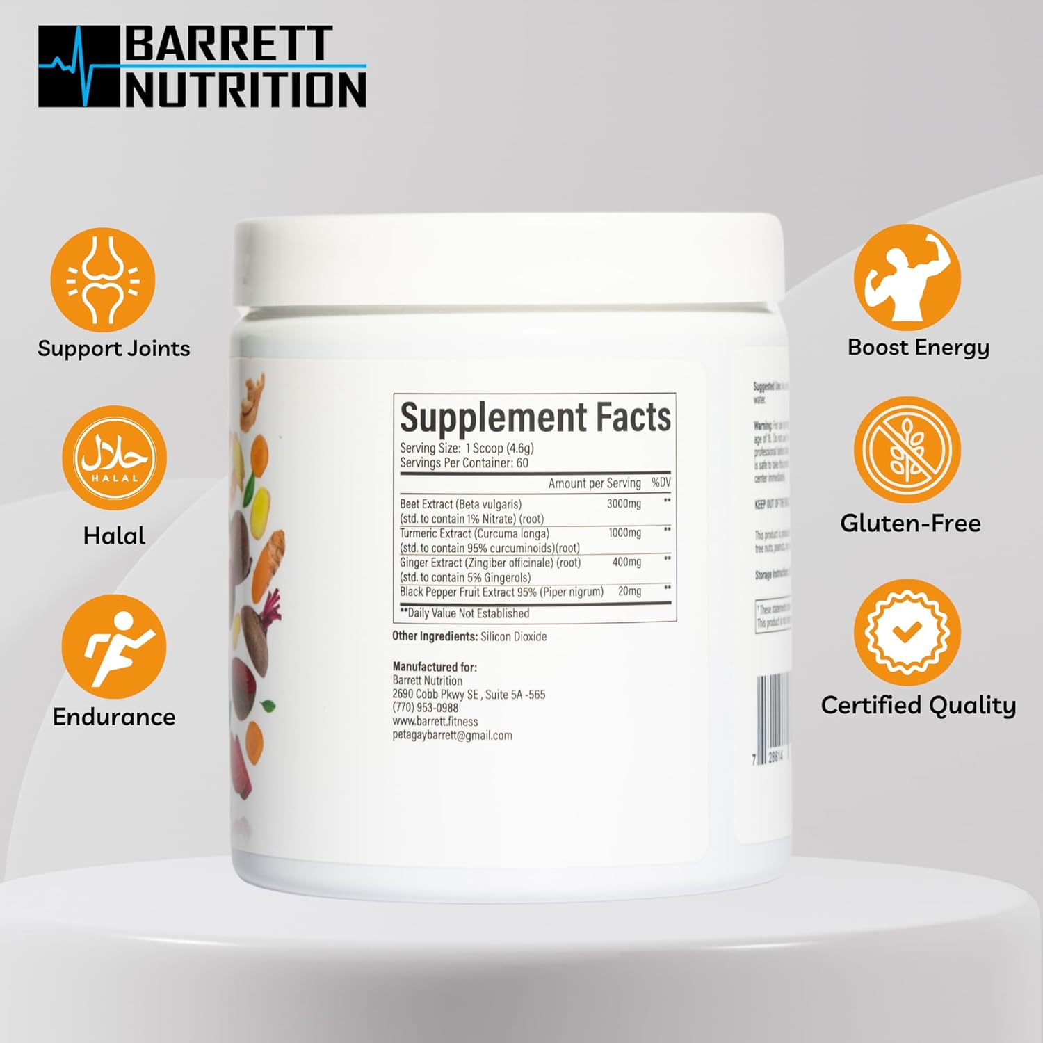 BARRETT NUTRITION Turmeric Supplement with Black Pepper, Beets, and Ginger - Supports Energy, Endurance, and Joint Health - Rich in Folate, Potassium, and Iron