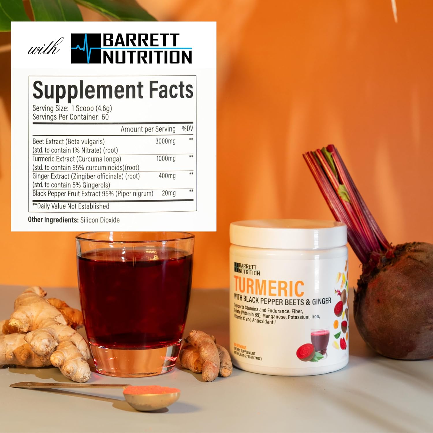 BARRETT NUTRITION Turmeric Supplement with Black Pepper, Beets, and Ginger - Supports Energy, Endurance, and Joint Health - Rich in Folate, Potassium, and Iron