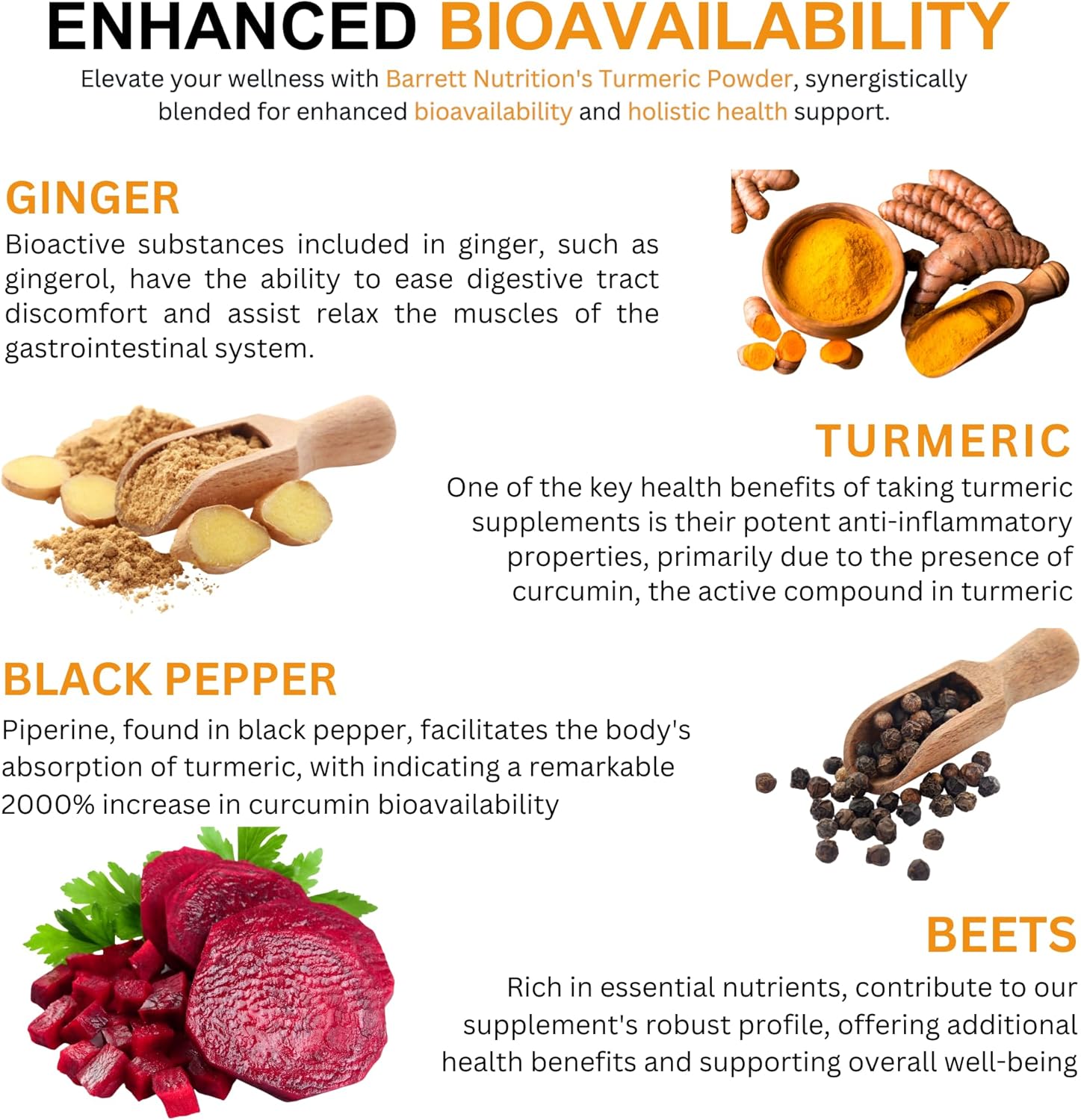 BARRETT NUTRITION Turmeric Supplement with Black Pepper, Beets, and Ginger - Supports Energy, Endurance, and Joint Health - Rich in Folate, Potassium, and Iron