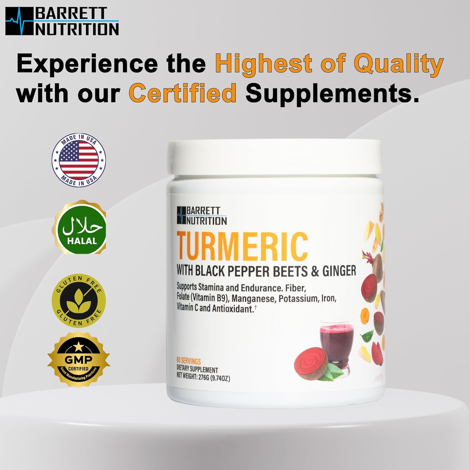 BARRETT NUTRITION Turmeric Supplement with Black Pepper, Beets, and Ginger - Supports Energy, Endurance, and Joint Health - Rich in Folate, Potassium, and Iron