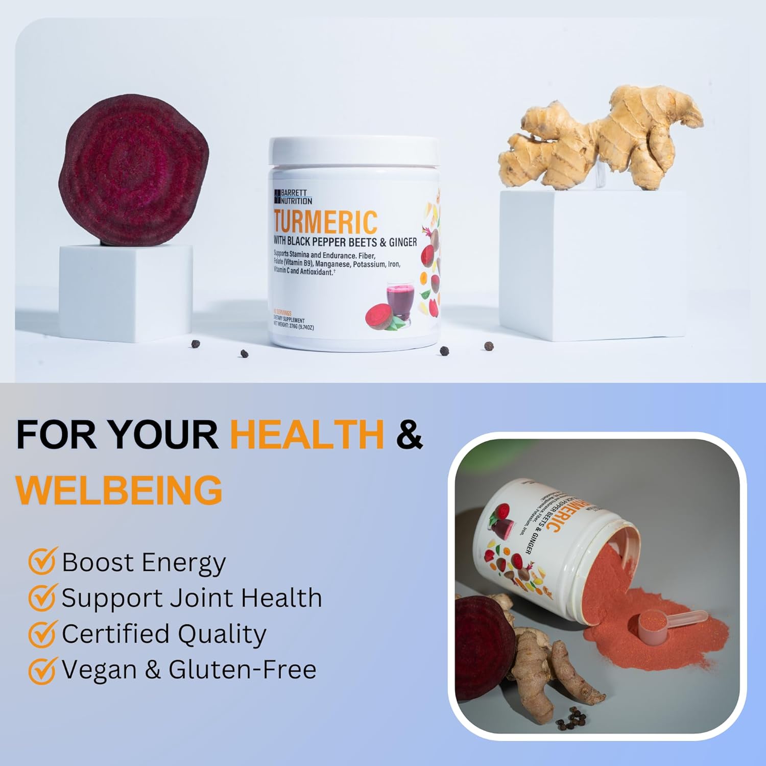 BARRETT NUTRITION Turmeric Supplement with Black Pepper, Beets, and Ginger - Supports Energy, Endurance, and Joint Health - Rich in Folate, Potassium, and Iron