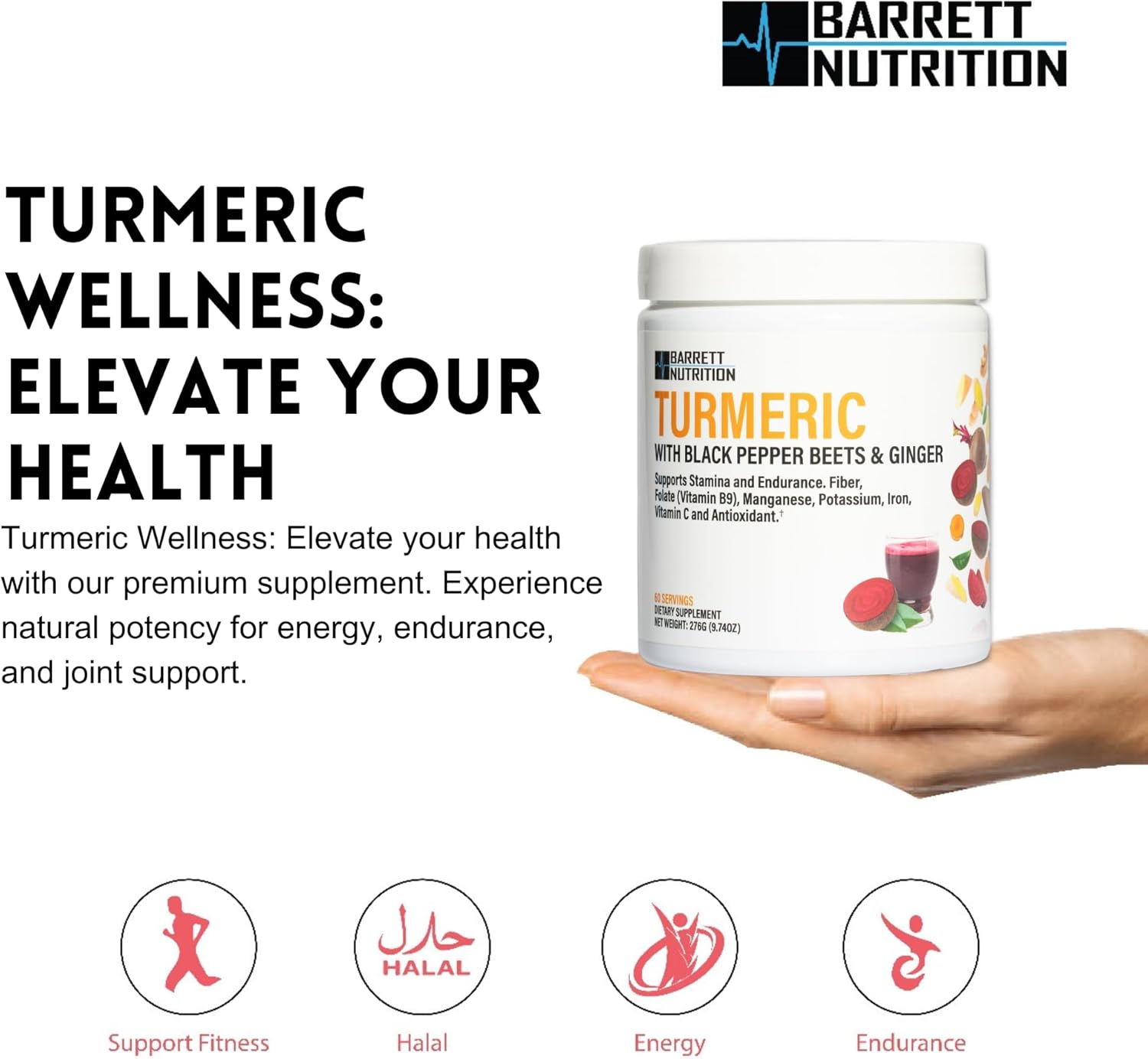 BARRETT NUTRITION Turmeric Supplement with Black Pepper, Beets, and Ginger - Supports Energy, Endurance, and Joint Health - Rich in Folate, Potassium, and Iron