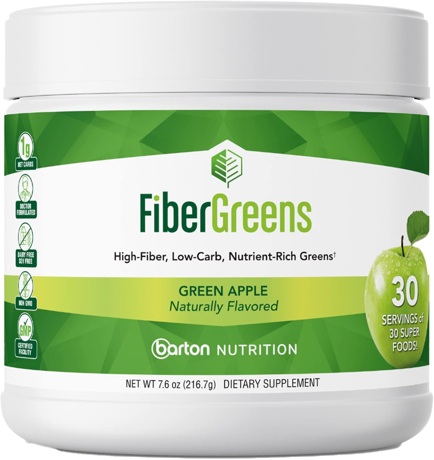 Barton Nutrition Green Apple Fiber Greens: Probiotic Formula with Superfoods for Gut and Heart Health, 30 Servings