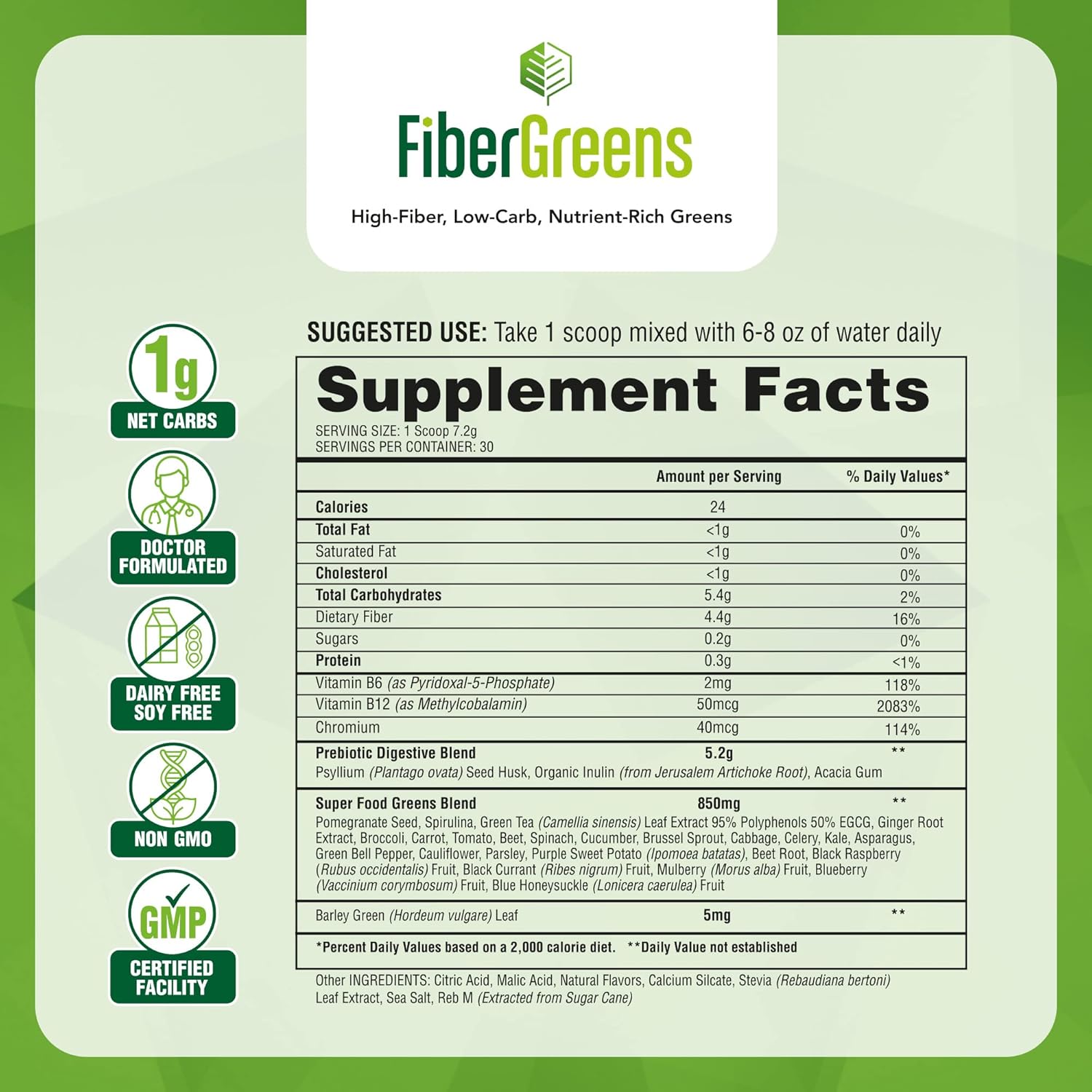 Barton Nutrition Green Apple Fiber Greens: Probiotic Formula with Superfoods for Gut and Heart Health, 30 Servings
