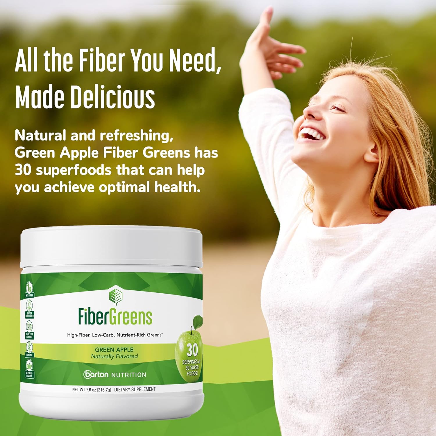 Barton Nutrition Green Apple Fiber Greens: Probiotic Formula with Superfoods for Gut and Heart Health, 30 Servings