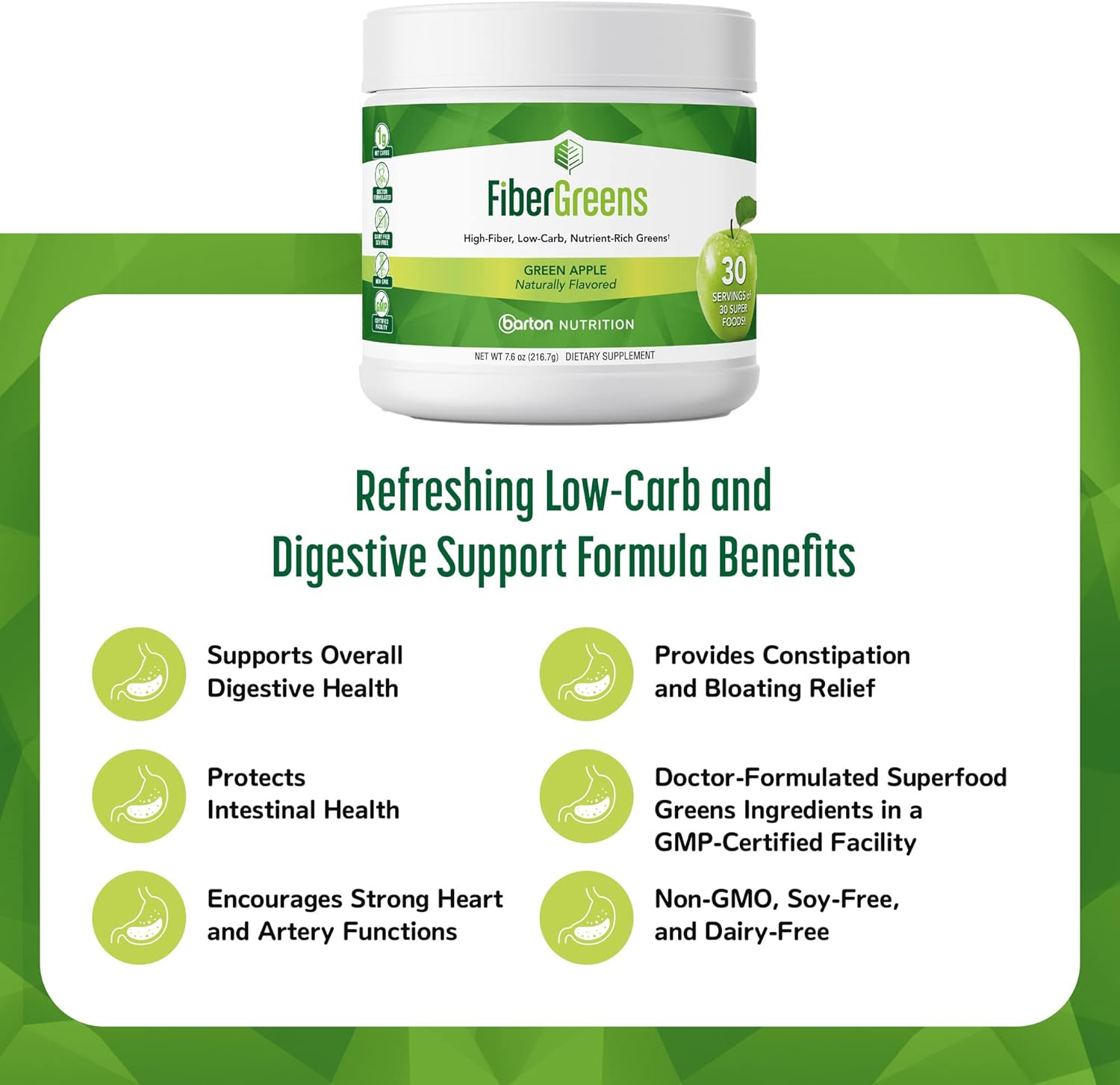 Barton Nutrition Green Apple Fiber Greens: Probiotic Formula with Superfoods for Gut and Heart Health, 30 Servings