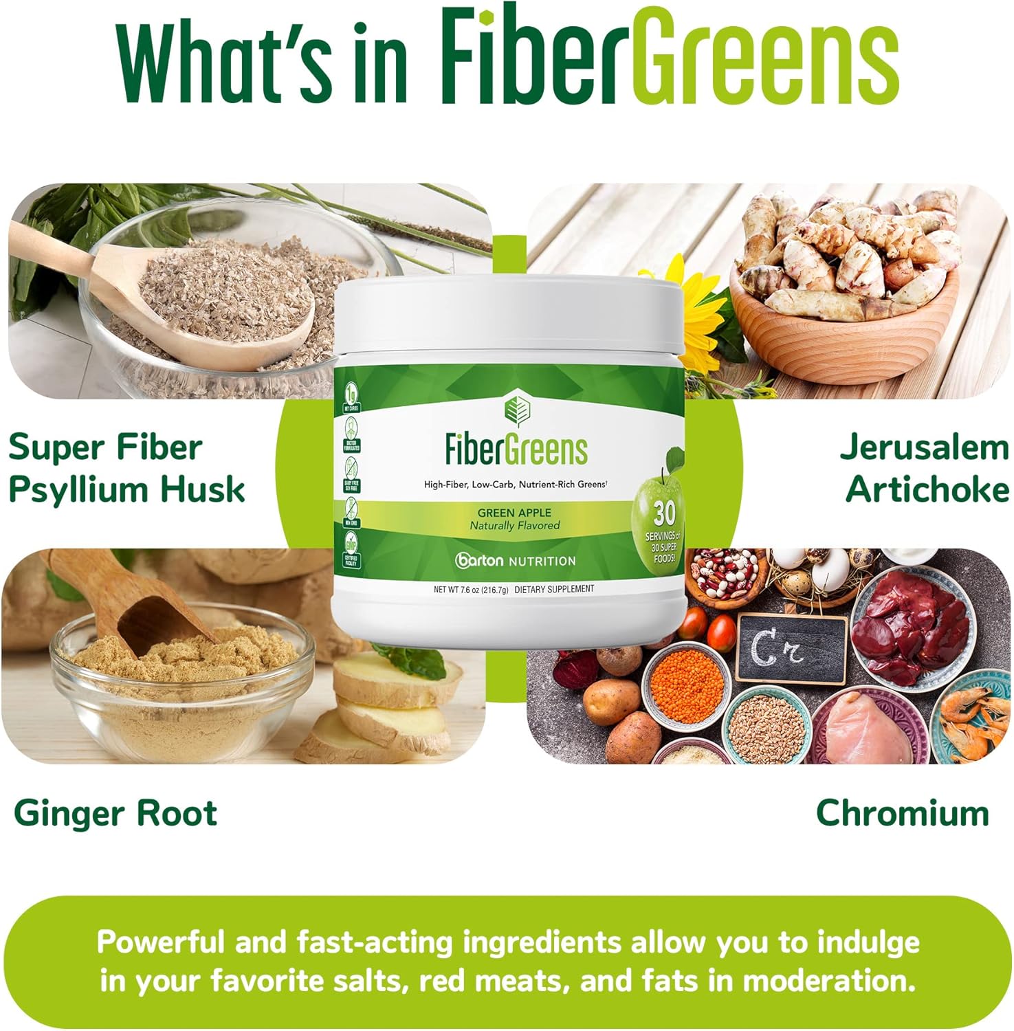 Barton Nutrition Green Apple Fiber Greens: Probiotic Formula with Superfoods for Gut and Heart Health, 30 Servings