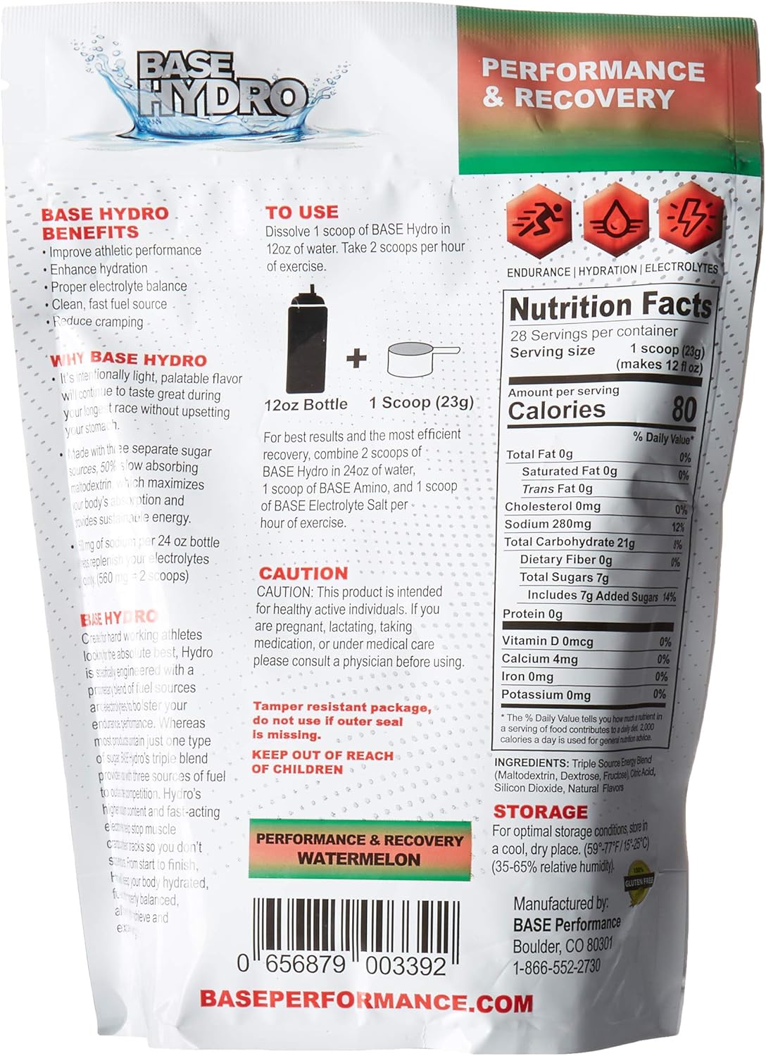 BASE Performance Hydro - Watermelon Flavored Sports Drink Powder | 28 Servings in eco-Friendly Mylar Bag | Dextrose, Fructose, Maltodextrin & Electrolytes Blend
