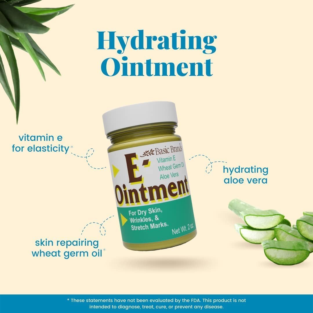 Basic Organics Vitamin E Ointment 2 oz - Moisture Enhancing - Reduce Scars, Stretch Marks, Fine Lines & Wrinkles - Pack of 3