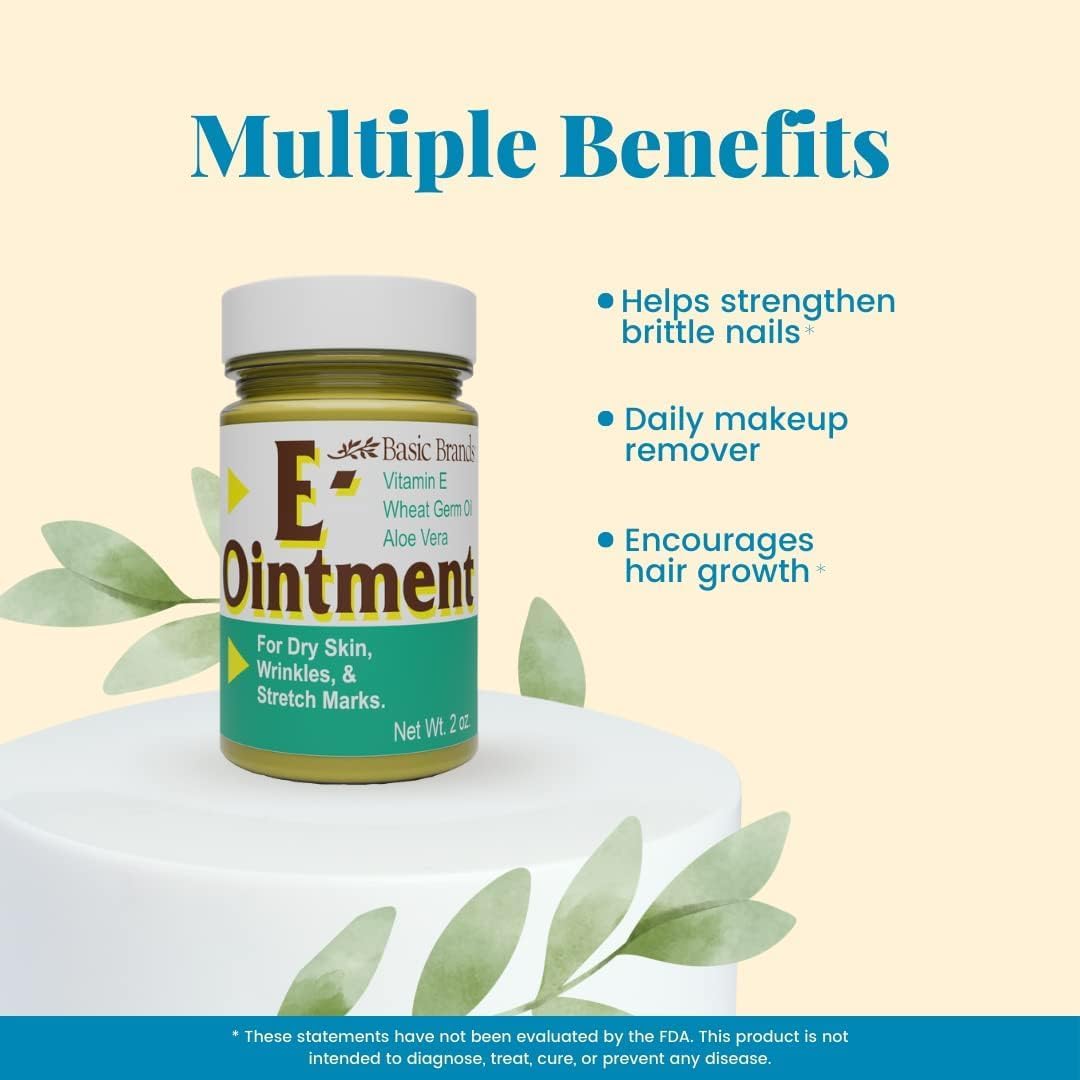 Basic Organics Vitamin E Ointment 2 oz - Moisture Enhancing - Reduce Scars, Stretch Marks, Fine Lines & Wrinkles - Pack of 3