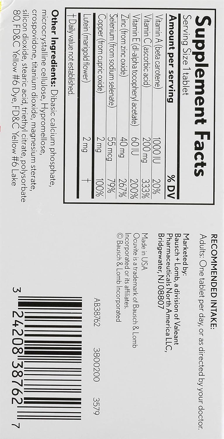 Bausch + Lomb Ocuvite Vitamin and Mineral Supplement with Lutein Tablets, 240-Count - Eye Health Support