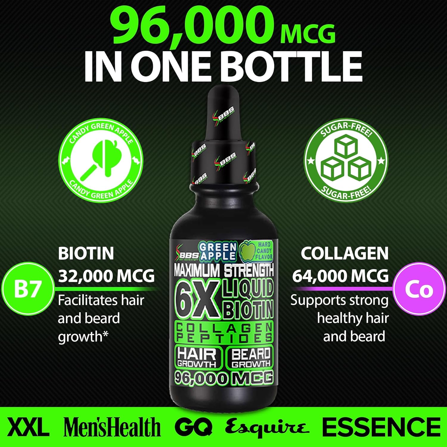 BBS USA Maximum Strength Biotin & Collagen Liquid for Men Hair & Beard Growth - 6X Absorption (2 OZ)