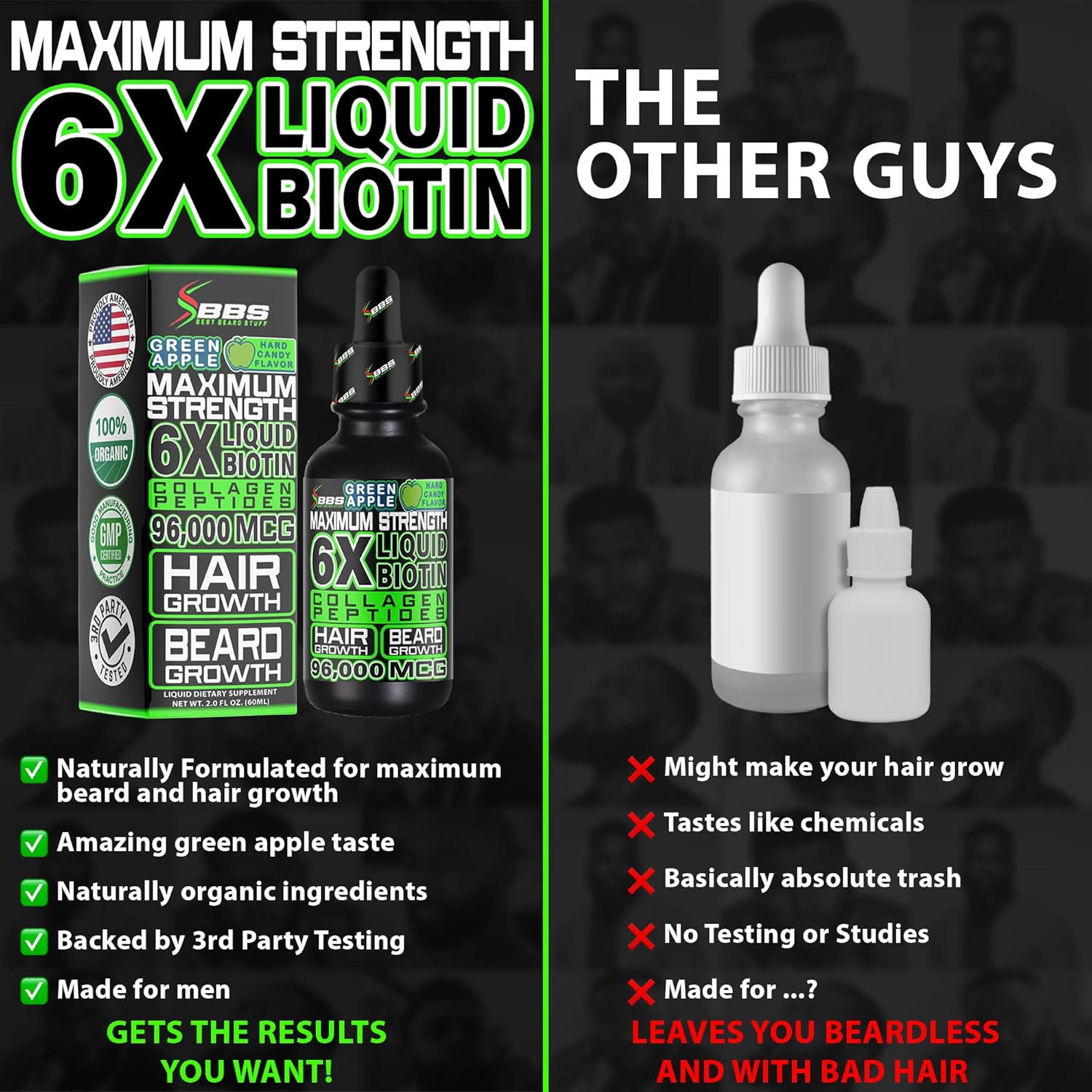 BBS USA Maximum Strength Biotin & Collagen Liquid for Men Hair & Beard Growth - 6X Absorption (2 OZ)