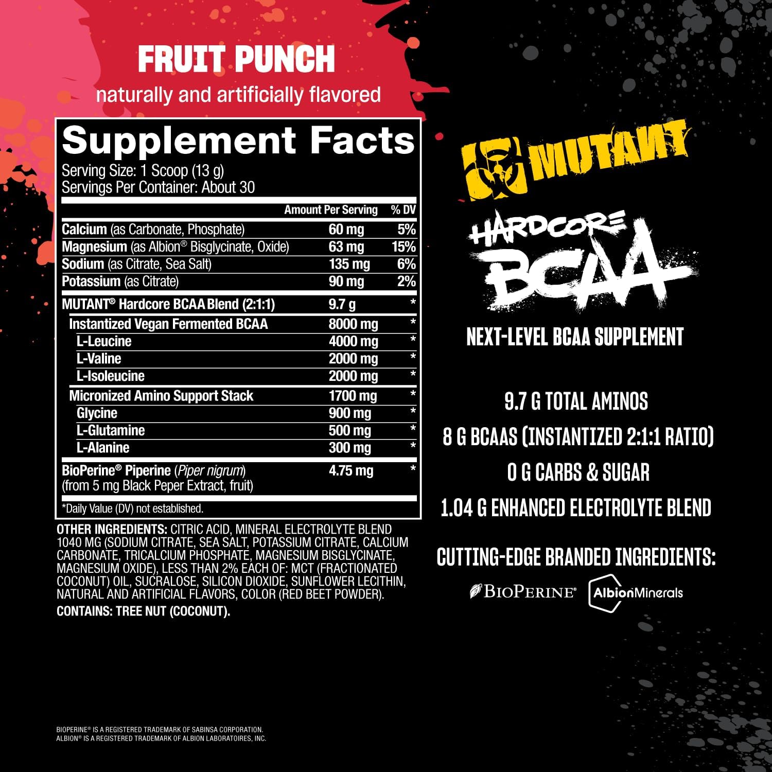 BCAA Next Level: Mutant Hardcore BCAA Supplement for Pre, Intra, or Post Workout - Fruit Punch Flavor - 30 Servings for Hydration and Recovery