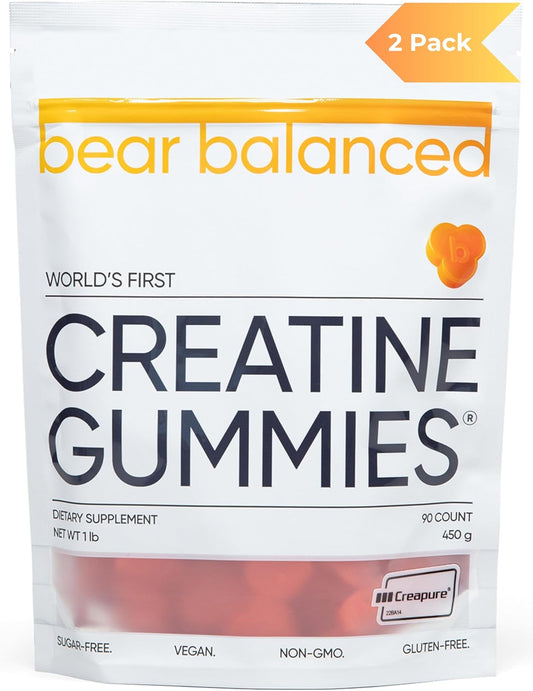 Bear Balanced Creatine Gummies with L-Theanine, L-Tyrosine, and B12 for Muscle Growth and Focus - Peach Mango Flavor - 2 Pack for Men and Women