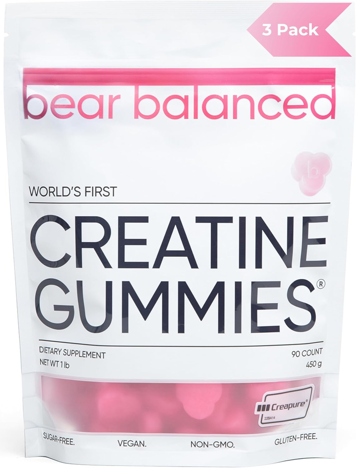 Bear Balanced Creatine Gummies with L-Theanine, L-Tyrosine & B12 for Muscle Growth, Strength, and Focus - Watermelon Burst, 3 Pack for Men & Women