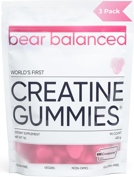 Bear Balanced Creatine Gummies with L-Theanine, L-Tyrosine & B12 for Muscle Growth, Strength, and Focus - Watermelon Burst, 3 Pack for Men & Women