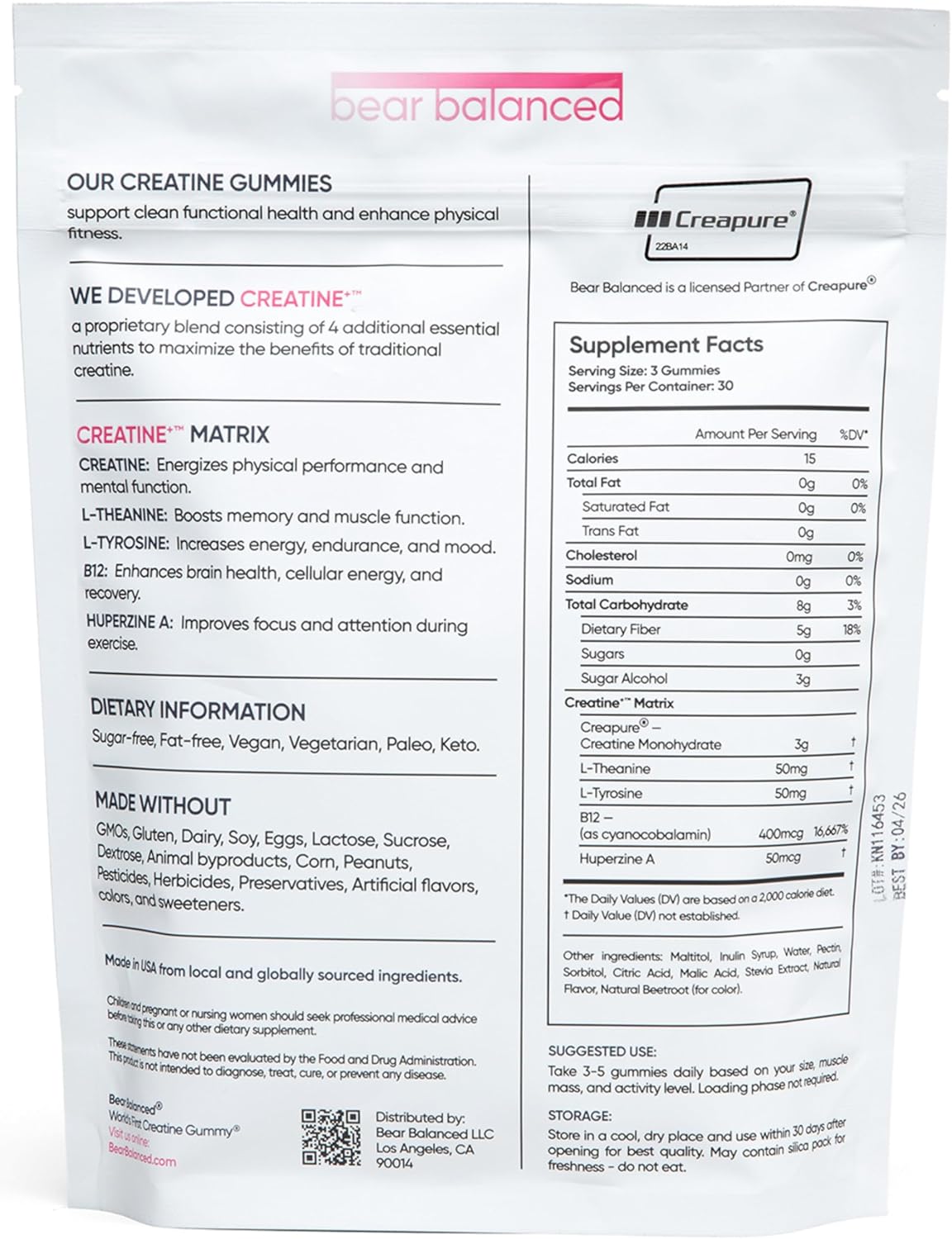 Bear Balanced Creatine Gummies with L-Theanine, L-Tyrosine & B12 for Muscle Growth, Strength, and Focus - Watermelon Burst, 3 Pack for Men & Women
