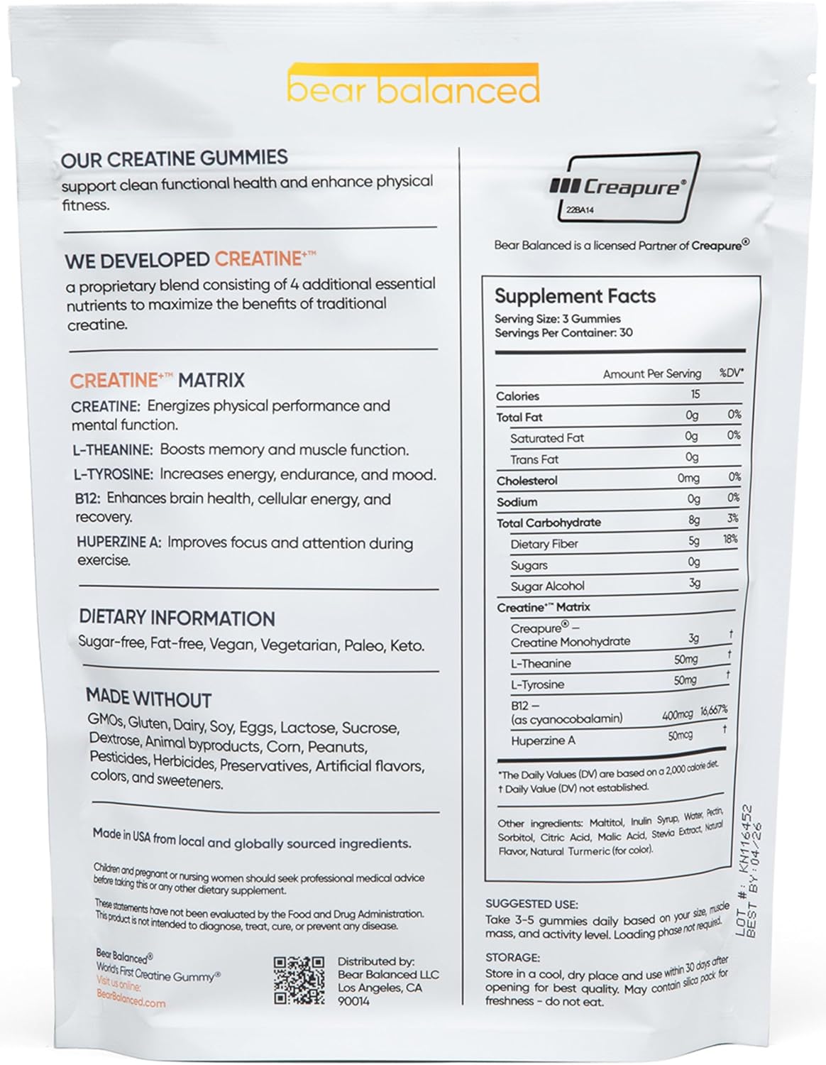 Bear Balanced Creatine Gummies with L-Theanine, L-Tyrosine, and B12 for Muscle Growth and Focus - Peach Mango Flavor - 2 Pack for Men and Women