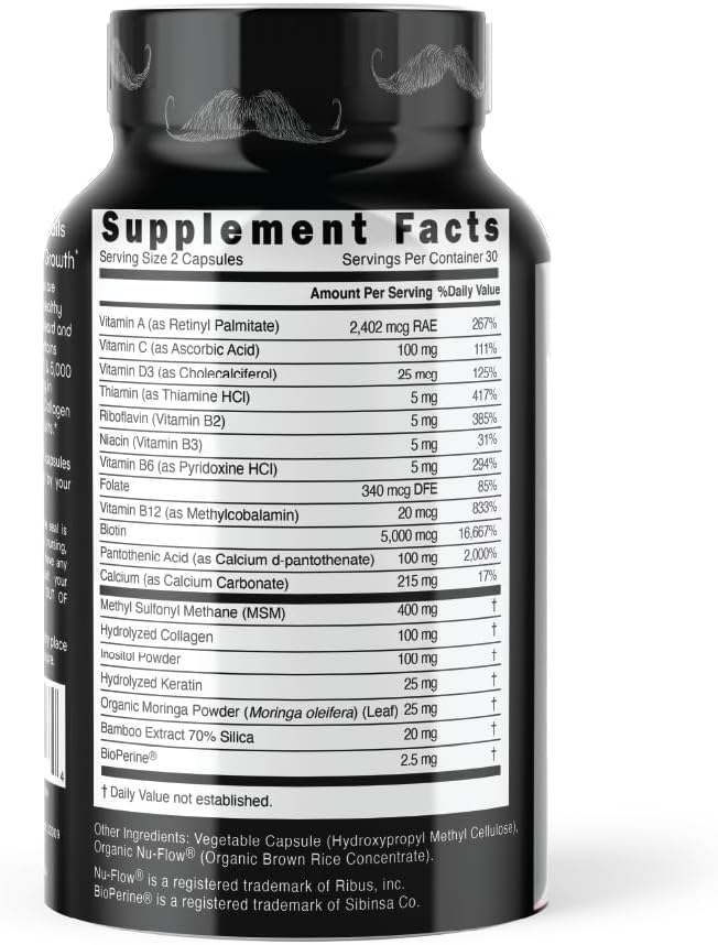 Beard Growth and Men's Skin & Nails Supplement with 5,000mcg Biotin, Vitamin C, D & B-Complex, Hydrolyzed Collagen Veggie Capsules - Non-GMO, Gluten-Free