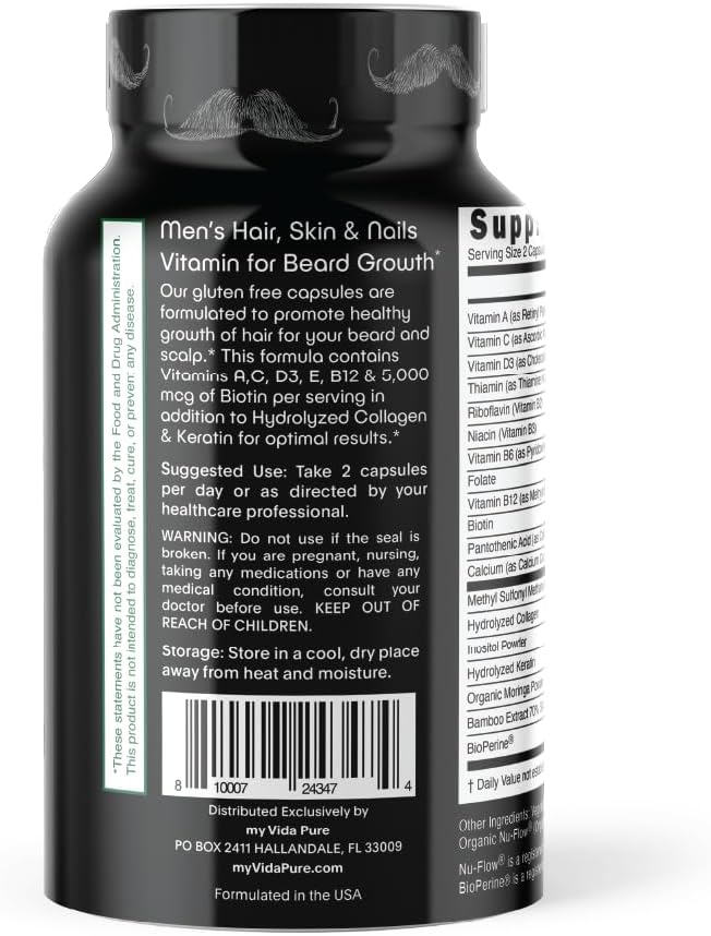 Beard Growth and Men's Skin & Nails Supplement with 5,000mcg Biotin, Vitamin C, D & B-Complex, Hydrolyzed Collagen Veggie Capsules - Non-GMO, Gluten-Free