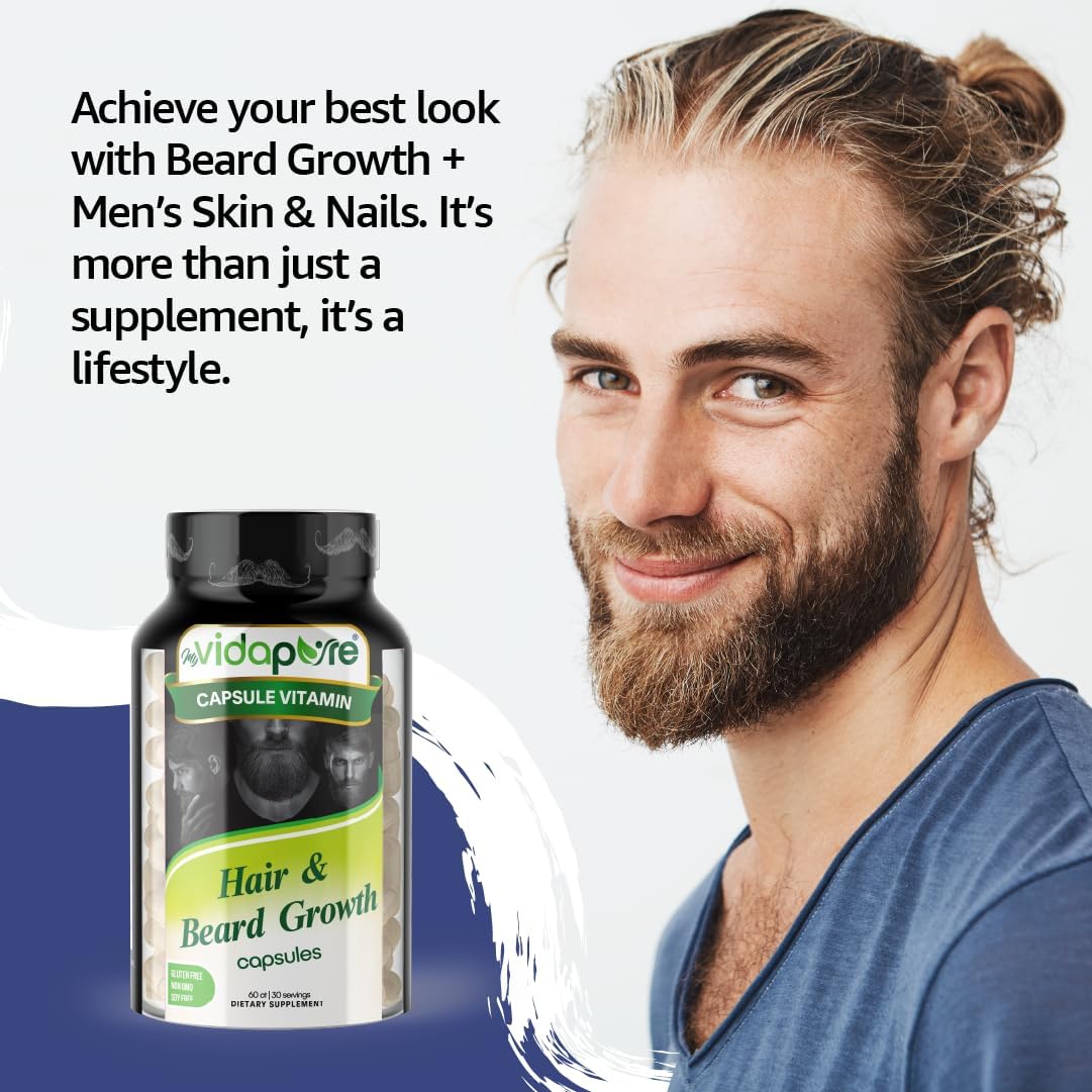Beard Growth and Men's Skin & Nails Supplement with 5,000mcg Biotin, Vitamin C, D & B-Complex, Hydrolyzed Collagen Veggie Capsules - Non-GMO, Gluten-Free