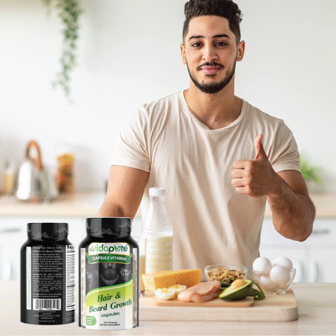 Beard Growth and Men's Skin & Nails Supplement with 5,000mcg Biotin, Vitamin C, D & B-Complex, Hydrolyzed Collagen Veggie Capsules - Non-GMO, Gluten-Free