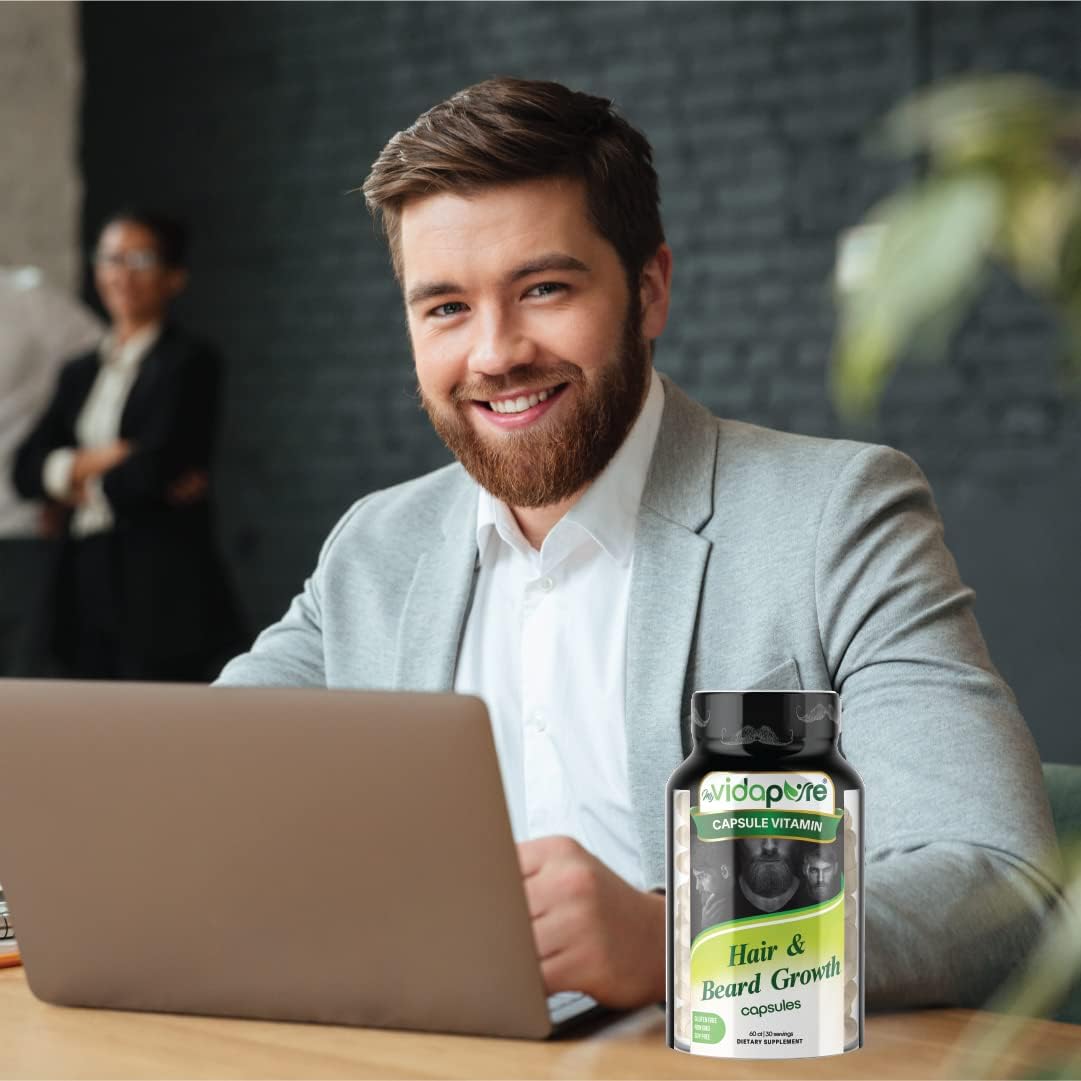 Beard Growth and Men's Skin & Nails Supplement with 5,000mcg Biotin, Vitamin C, D & B-Complex, Hydrolyzed Collagen Veggie Capsules - Non-GMO, Gluten-Free