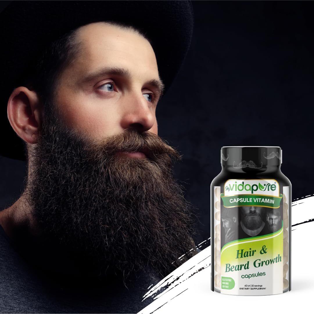 Beard Growth and Men's Skin & Nails Supplement with 5,000mcg Biotin, Vitamin C, D & B-Complex, Hydrolyzed Collagen Veggie Capsules - Non-GMO, Gluten-Free