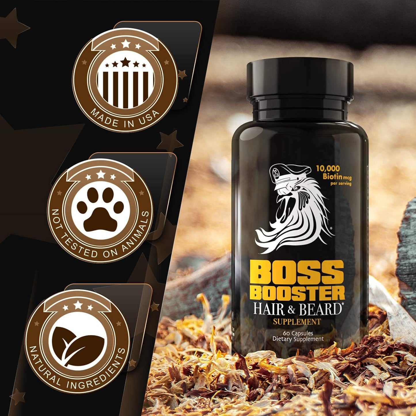 Beard Growth Supplement for Men - Bossman Boss Booster with 10,000 MCG Biotin and MSM - Hair Growth Vitamins and Beard Care