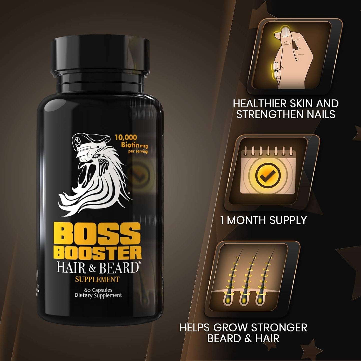 Beard Growth Supplement for Men - Bossman Boss Booster with 10,000 MCG Biotin and MSM - Hair Growth Vitamins and Beard Care