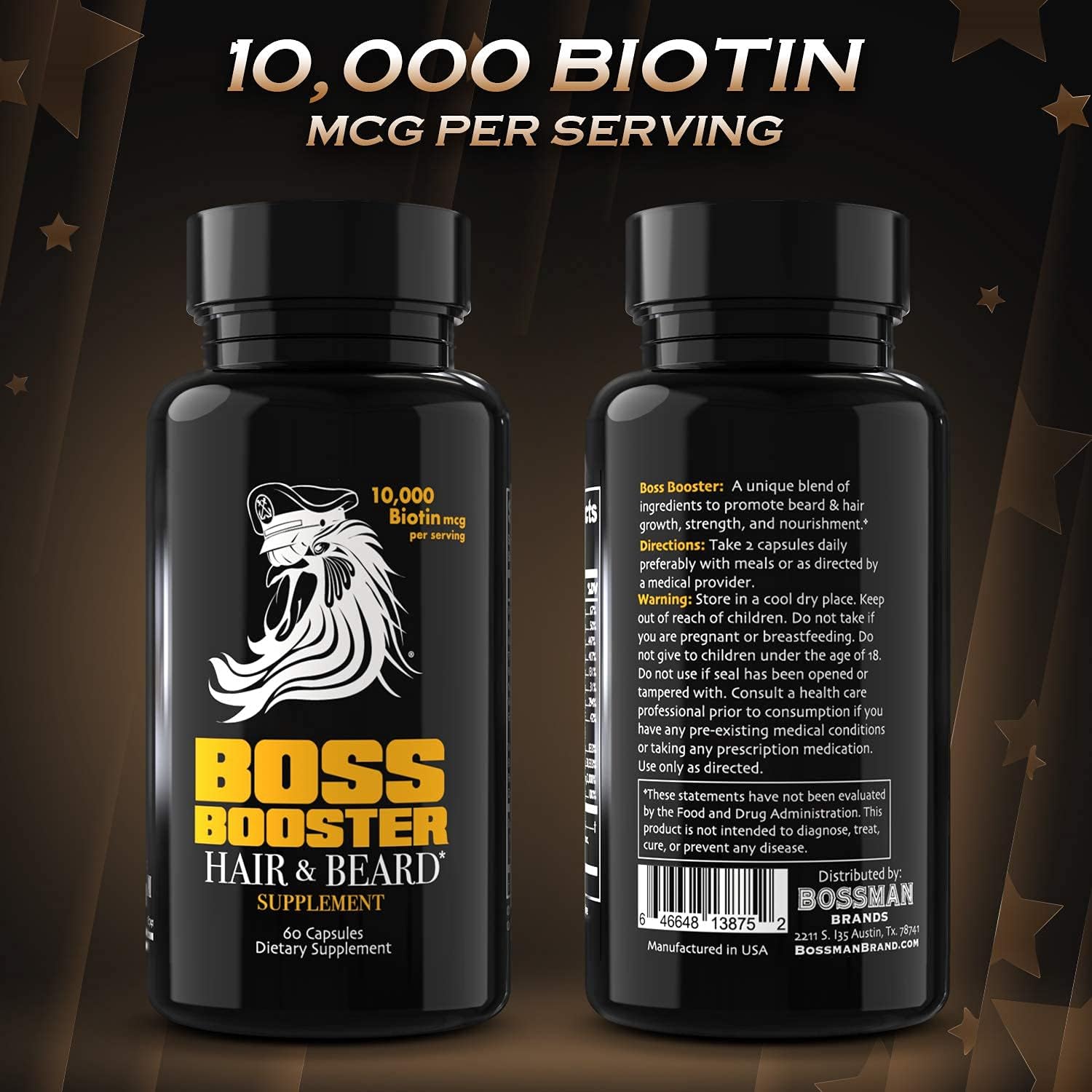Beard Growth Supplement for Men - Bossman Boss Booster with 10,000 MCG Biotin and MSM - Hair Growth Vitamins and Beard Care