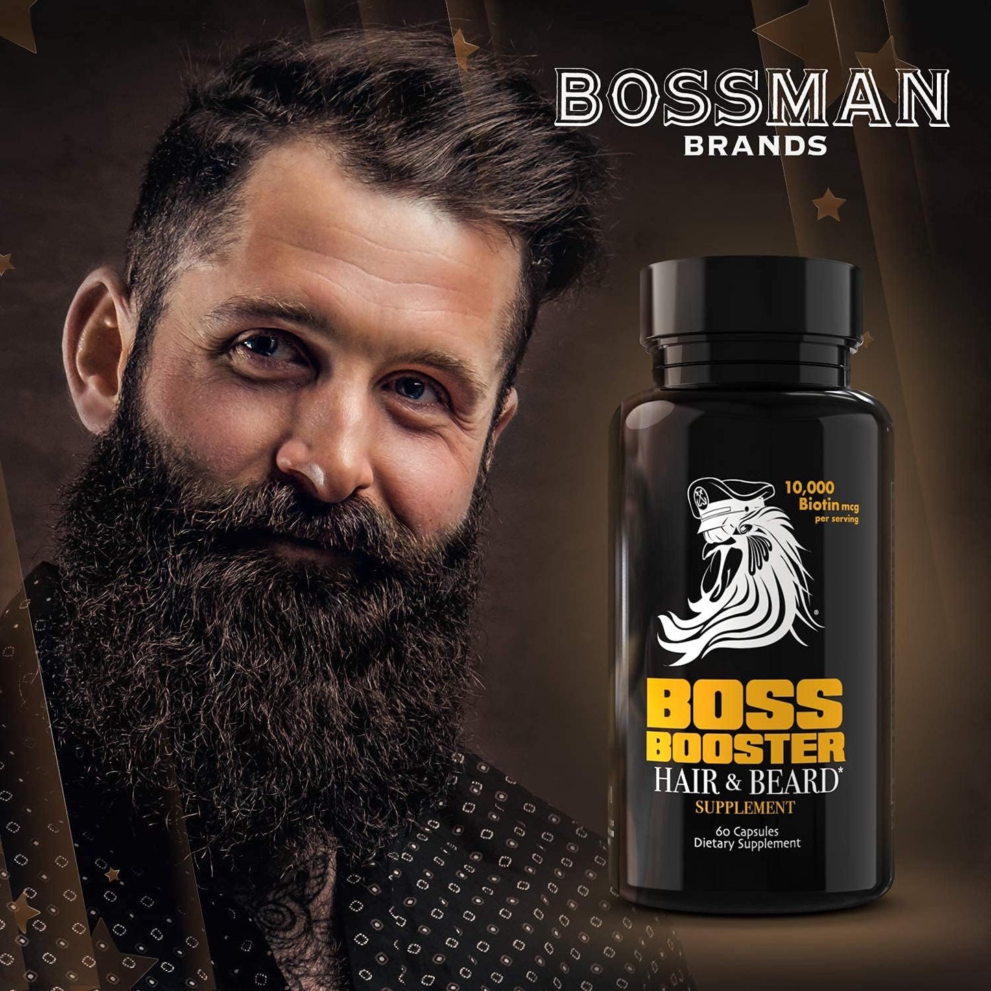 Beard Growth Supplement for Men - Bossman Boss Booster with 10,000 MCG Biotin and MSM - Hair Growth Vitamins and Beard Care