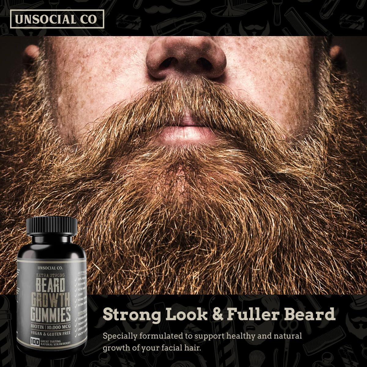 Beard Gummies for Men with Biotin 10000 MCG | Promotes Strong & Thick Facial Hair Growth | Strawberry Flavor | Extra Strong Beard Growth Vitamins