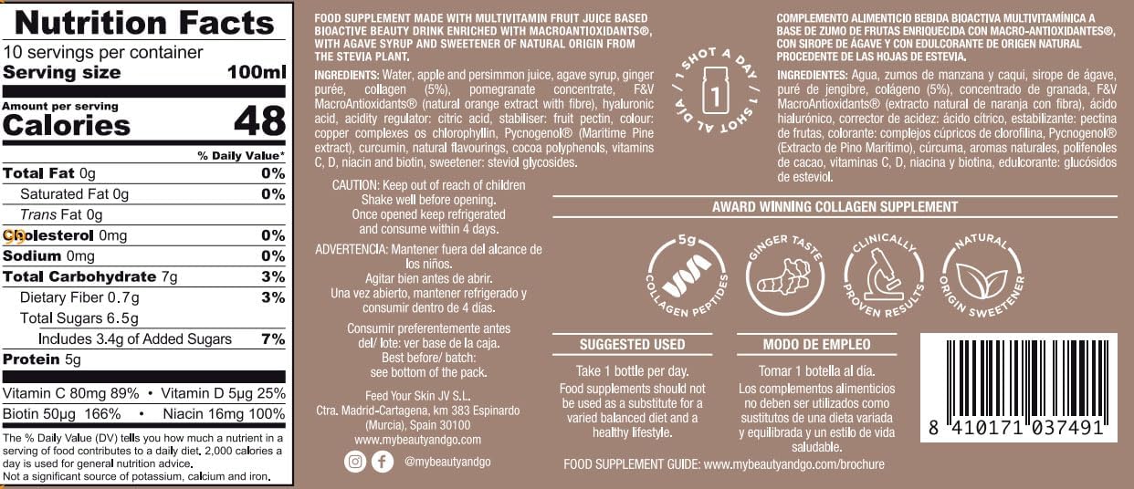 Beauty&GO Skin Shot - Liquid Collagen Supplement with Collagen 5000 mg, Hyaluronic Acid, Biotin, Niacin, Antioxidants, Vitamins - 10 Bottles x 100ml, Anti-ageing Beauty Drink
