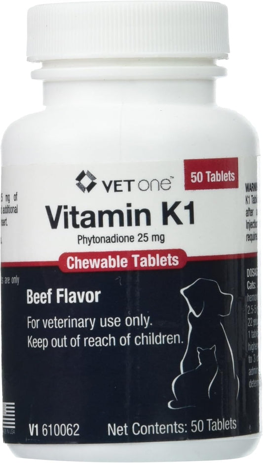 Beef-Flavored Chewable Vitamin K1 Tablets for Cats and Dogs - 50 Tablets with 25mg Phytonadione