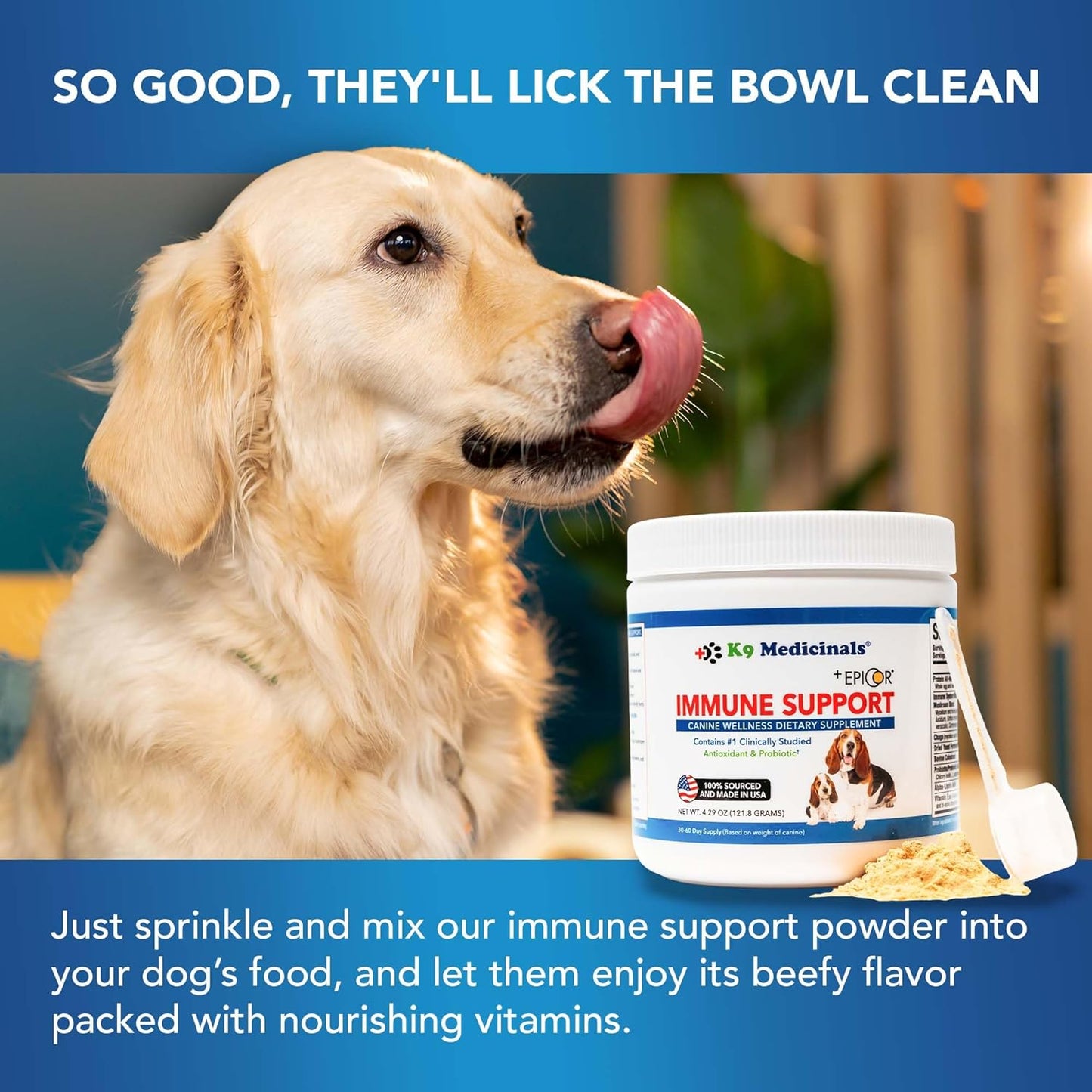 Beef Flavored K9 Medicinals Dog Immune Support Powder with Probiotics, Antioxidants, and Mushroom Blend for Gut and Digestive Health - 4oz