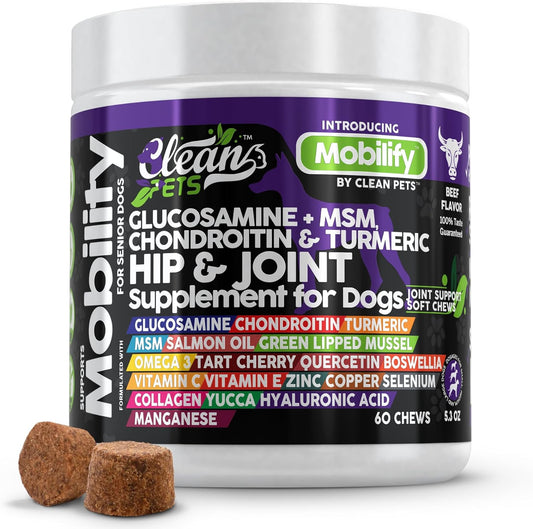 Beef-Flavored Senior Dog Hip and Joint Supplement with Glucosamine, Chondroitin, Turmeric, Hyaluronic Acid, MSM, Salmon Oil, Collagen, Vitamin C, Omega 3 - 1 Pack
