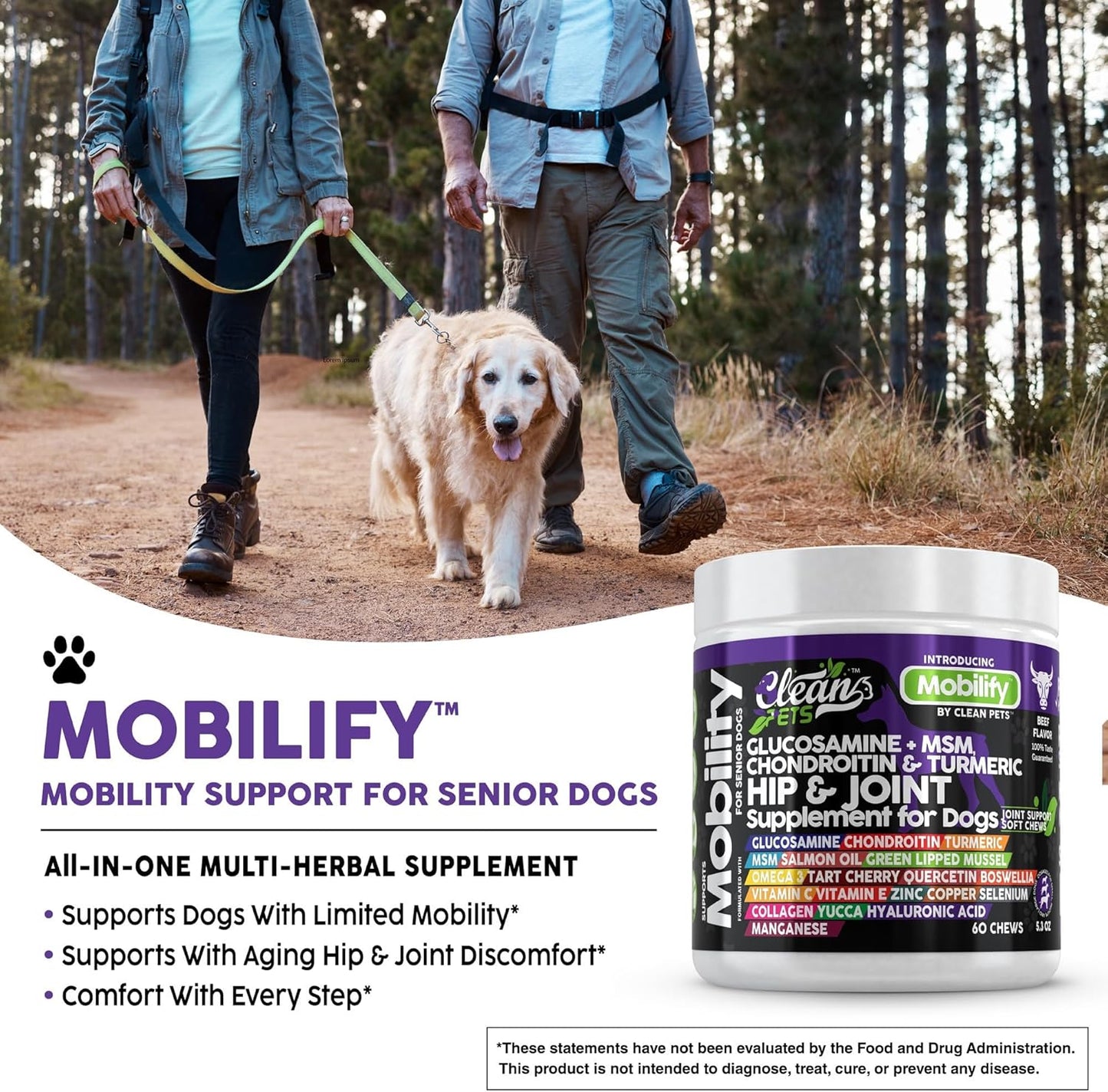 Beef-Flavored Senior Dog Hip and Joint Supplement with Glucosamine, Chondroitin, Turmeric, Hyaluronic Acid, MSM, Salmon Oil, Collagen, Vitamin C, Omega 3 - 1 Pack