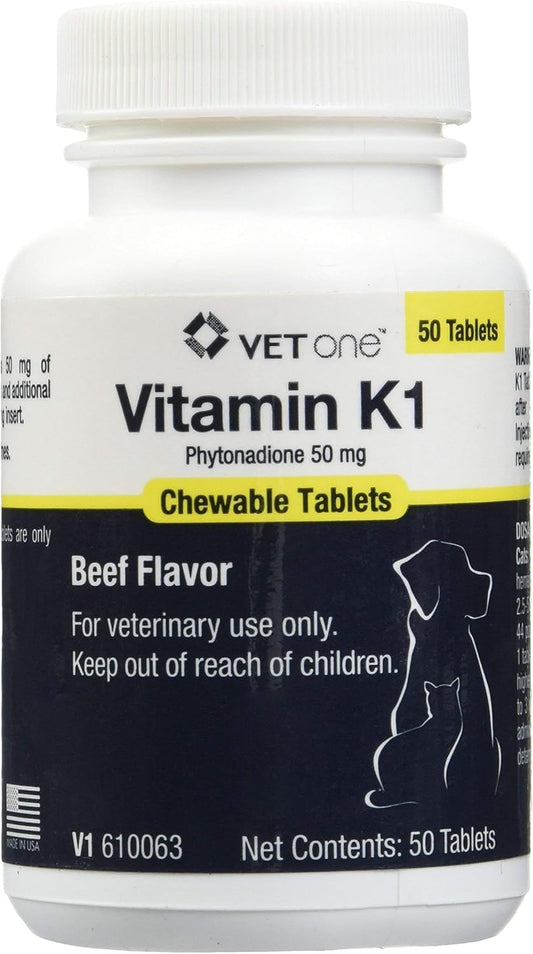 Beef-Flavored Vitamin K1 Chewable Tablets for Cats and Dogs (50 Tablets, 50mg Phytonadione) by Vet One