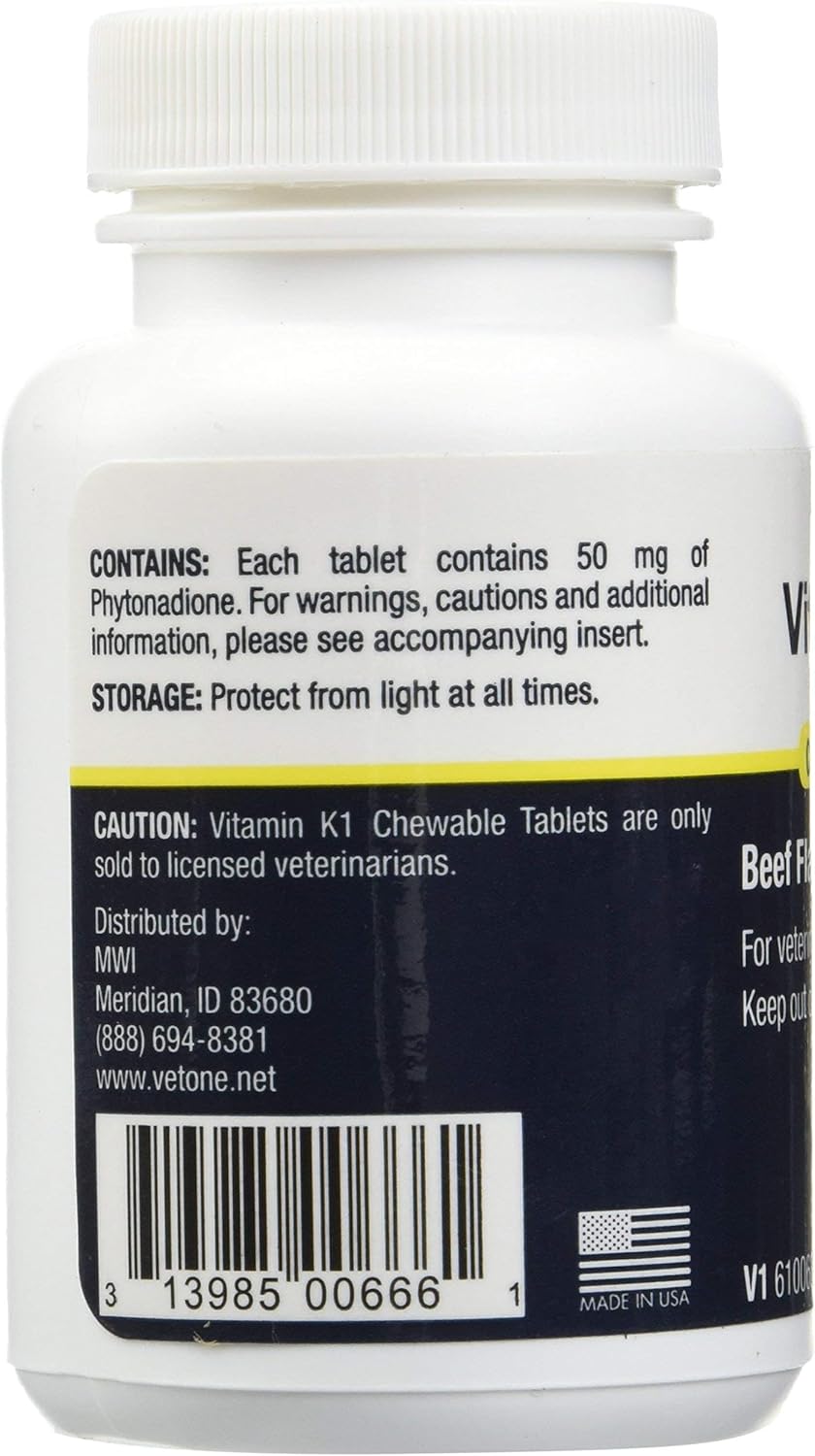 Beef-Flavored Vitamin K1 Chewable Tablets for Cats and Dogs (50 Tablets, 50mg Phytonadione) by Vet One