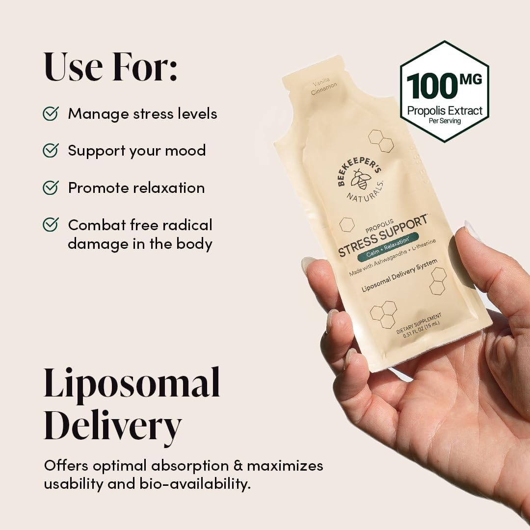 Beekeeper's Naturals Ashwagandha Liposomal Stress Support Capsules with Propolis, L-Theanine - 600mg Formula for Relaxation - 30 Count