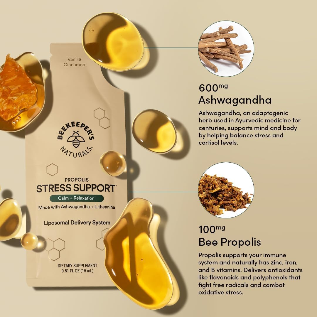 Beekeeper's Naturals Ashwagandha Liposomal Stress Support Capsules with Propolis, L-Theanine - 600mg Formula for Relaxation - 30 Count