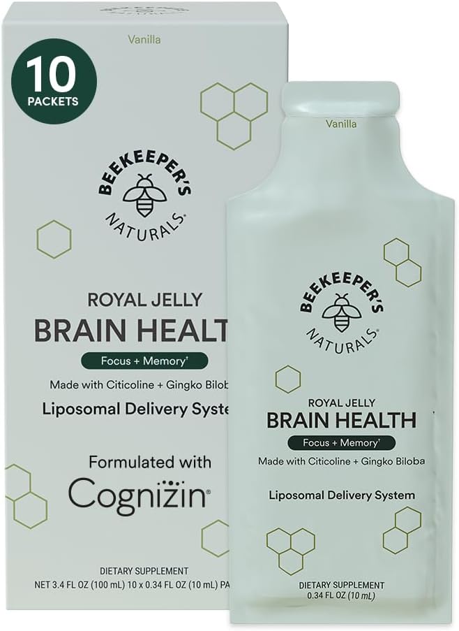 Beekeeper's Naturals Nootropic Brain Supplement with Citocoline, Ginkgo Biloba, Bacopa Monnieri, and Royal Jelly - Supports Focus, Memory, and Easier Absorption - 10ct Vanilla Flavor