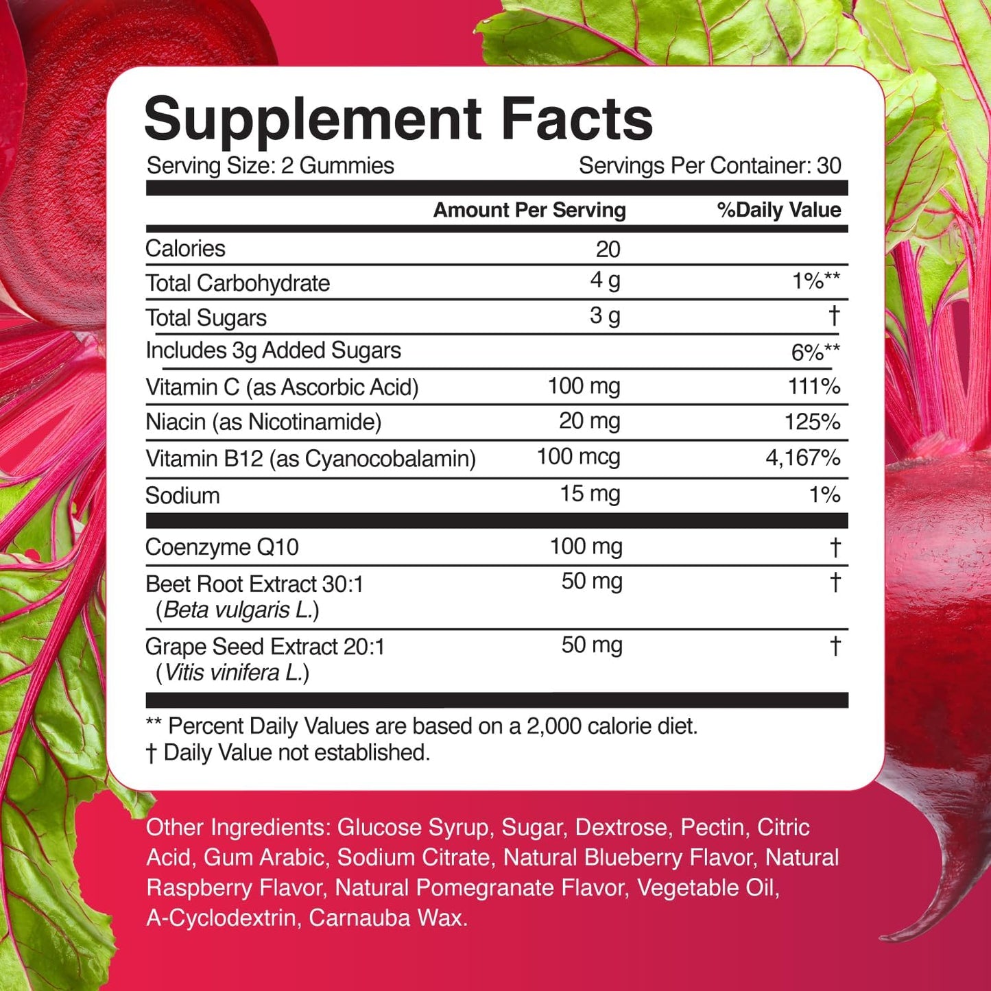 Beet Gummies with CoQ10 for Energy Support - Non-GMO, Mixed Berry Flavor - 60 Count