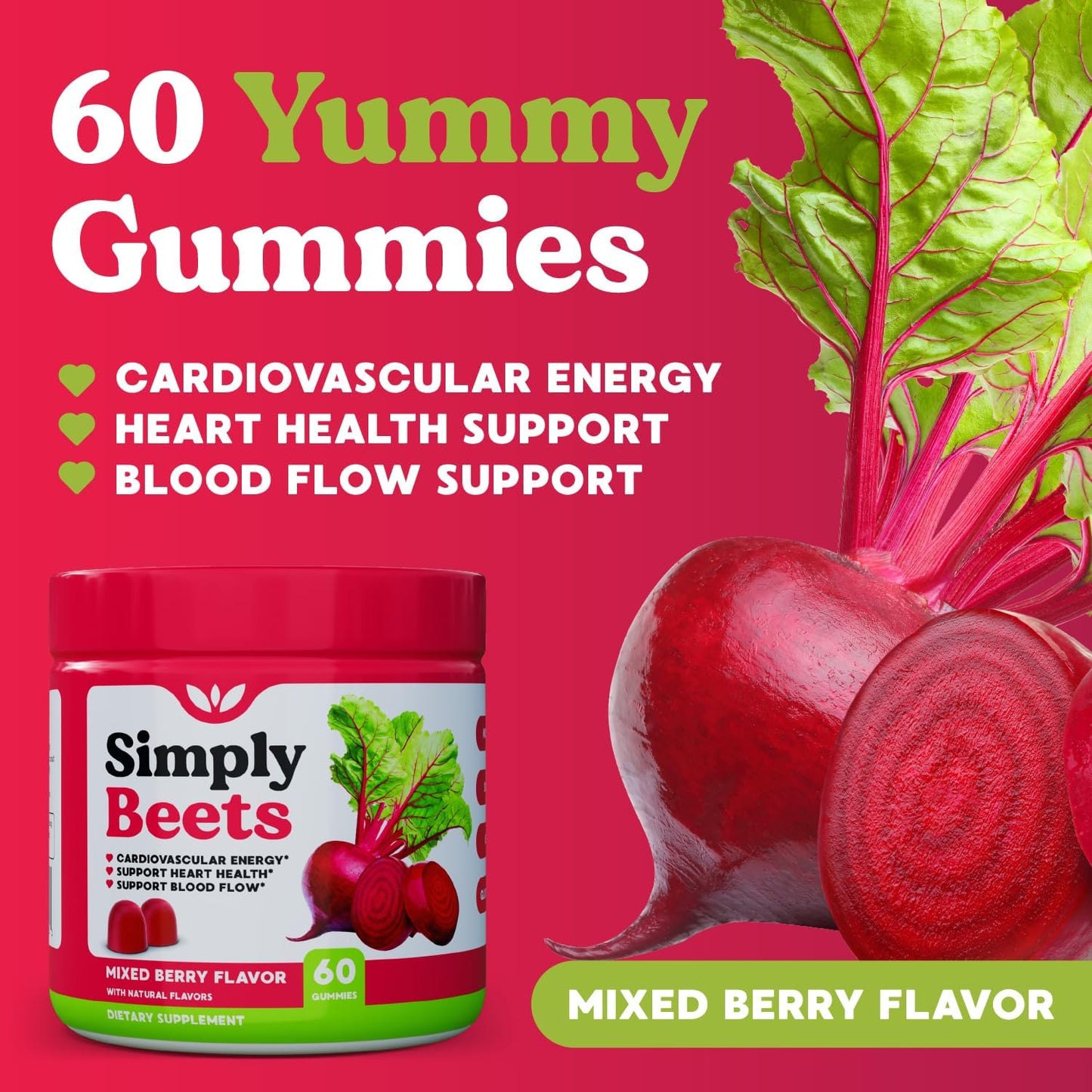 Beet Gummies with CoQ10 for Energy Support - Non-GMO, Mixed Berry Flavor - 60 Count