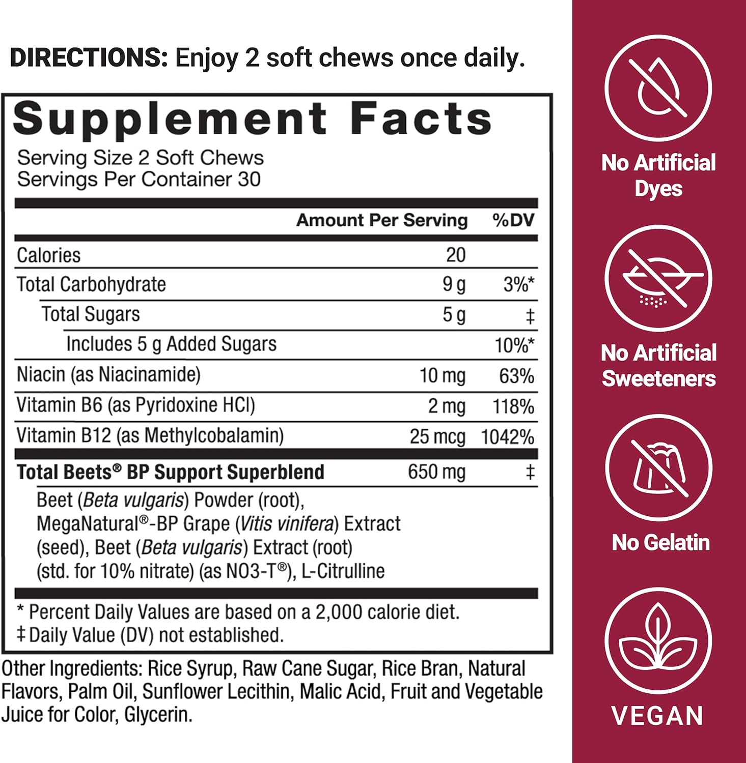 Beet Powder Chewables for Heart Health & Energy, 60 Chews - Force Factor Total Beets Blood Pressure Support with Nitric Oxide Boost