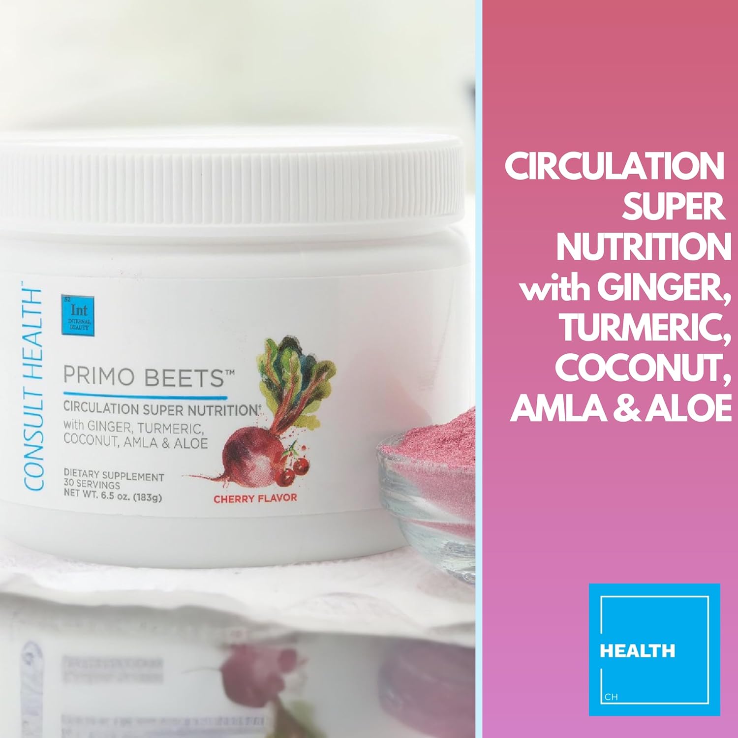 Beet Root Powder Drink Mix with Ginger & Turmeric - Boost Daily Nutrition and Circulation - Cherry Flavor - 30 Servings